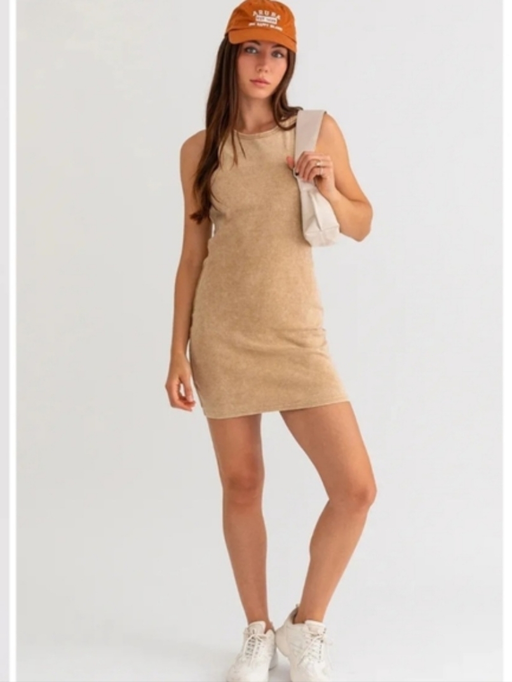 NWT Le Lis "Binding Tank Washed Rib Mini Dress" Mineral Wash Tan • Neutral SMALL